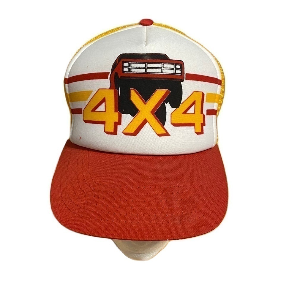 Vintage 4x4 Striped Monster Truck Mesh Back Trucker Hat Yellow Red White Gold